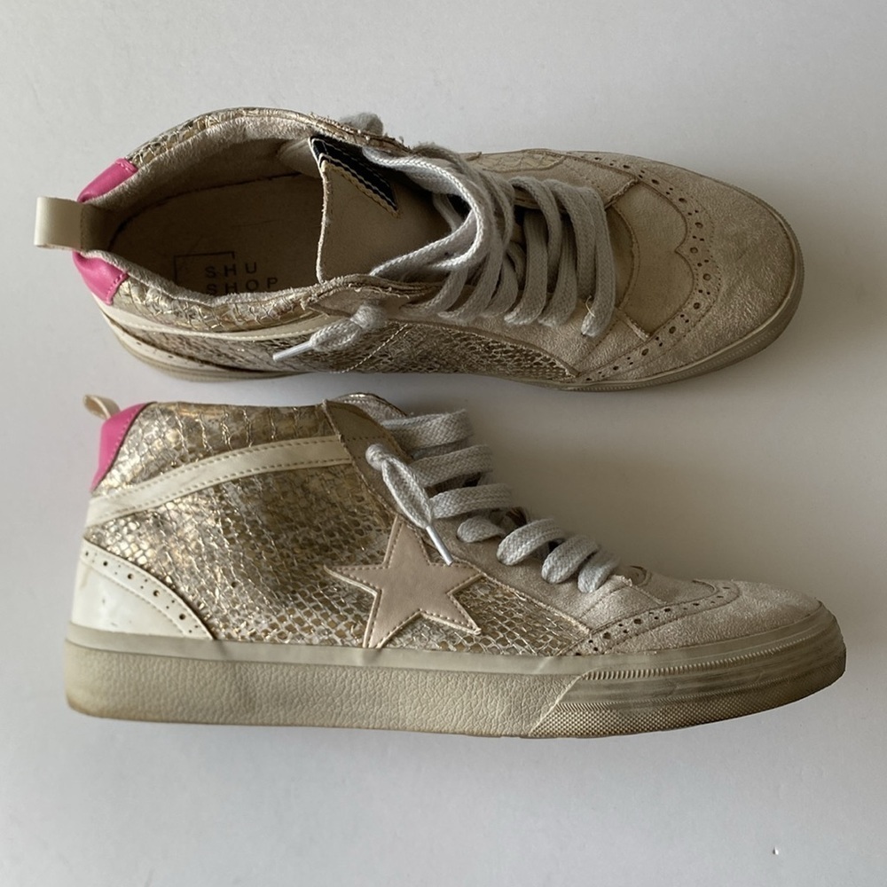 ShuShop Paulina high top women’s tan pink shoes size 10